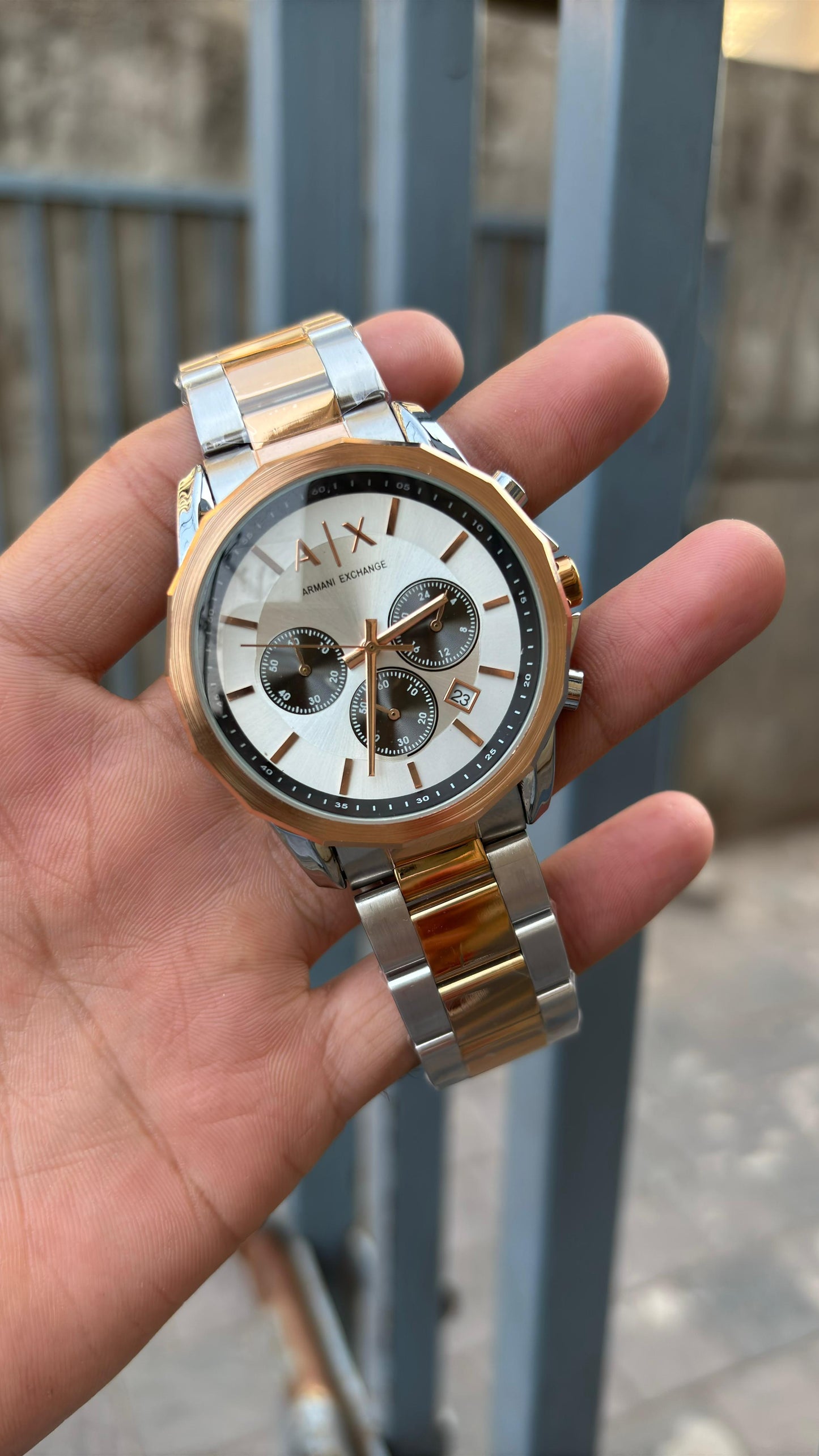AX White Dial Chronograph Two-Tone Metal Belt Watch For Men's