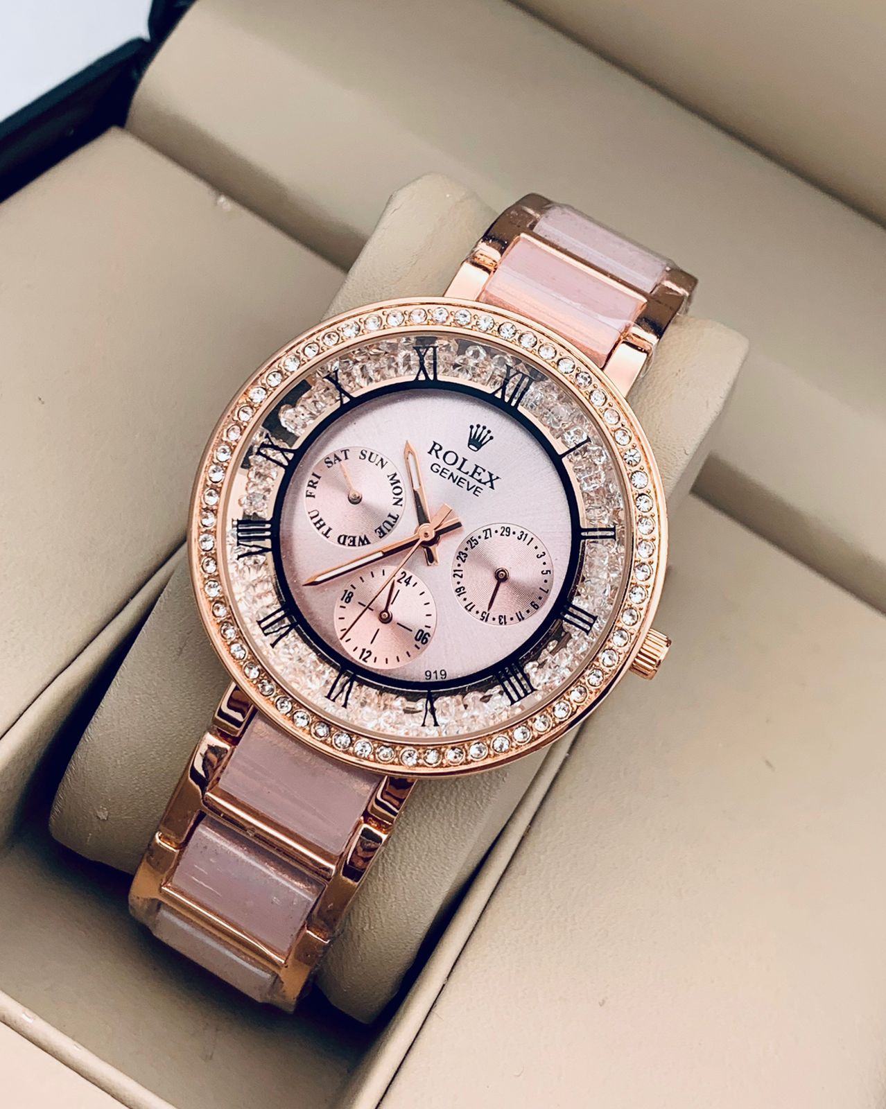 Ro-l-ex Rose Gold Dial Metal Belt Women Watch