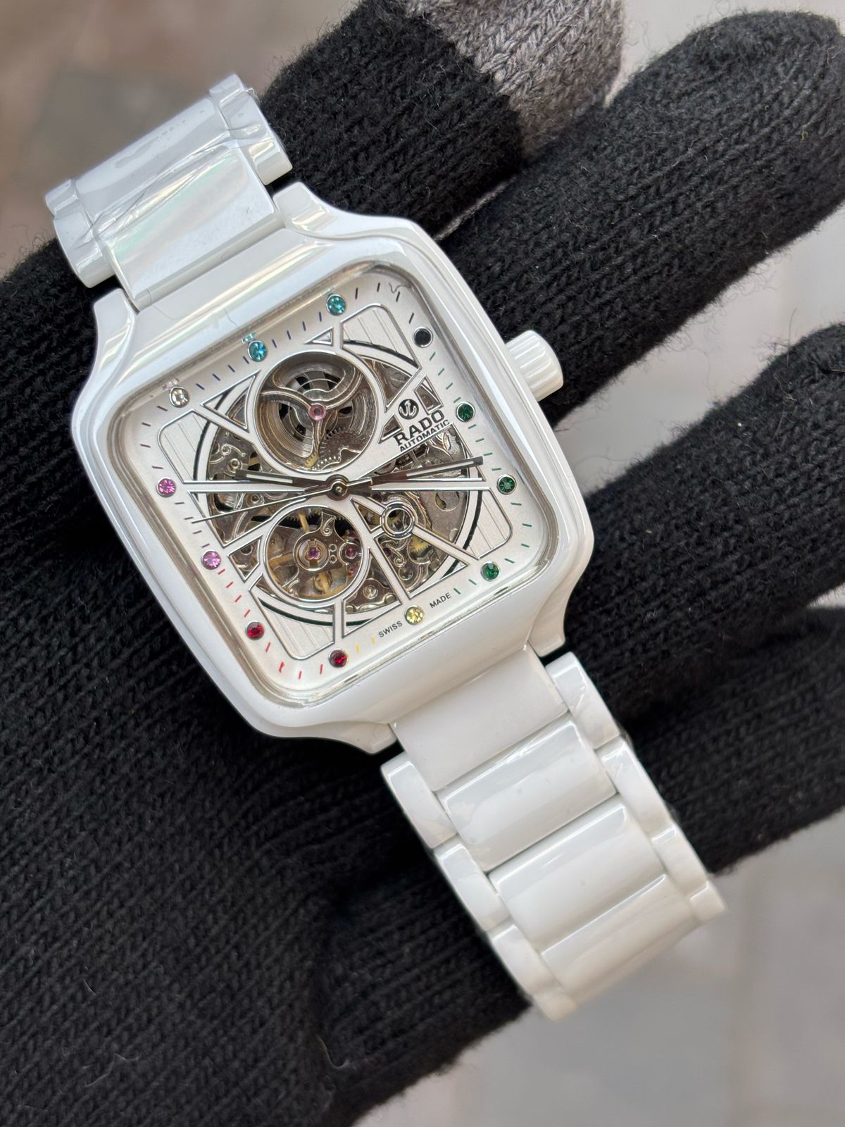 Rado White Rainbow Dial Ceramic Automatic Open Heart Watch For Men's