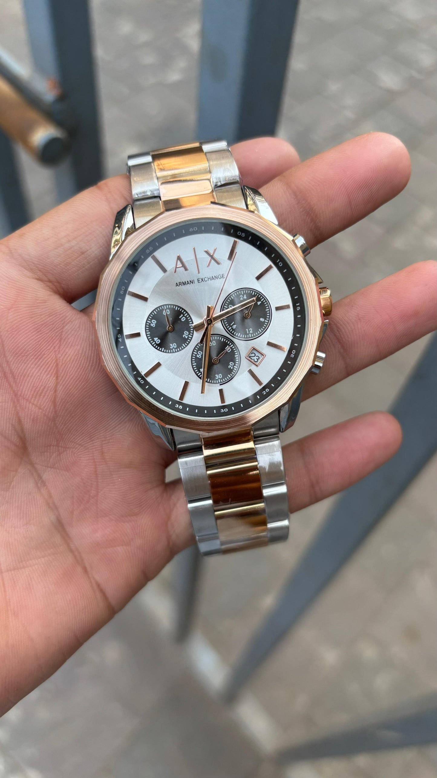 AX White Dial Chronograph Two-Tone Metal Belt Watch For Men's