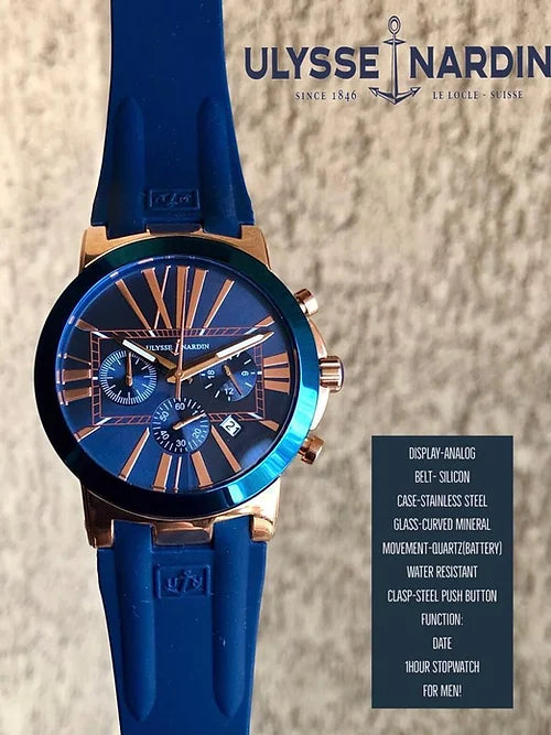Ulysse Nardin Blue Dial Analog Quartz Chronograph Chain Metal Round Men Watch
