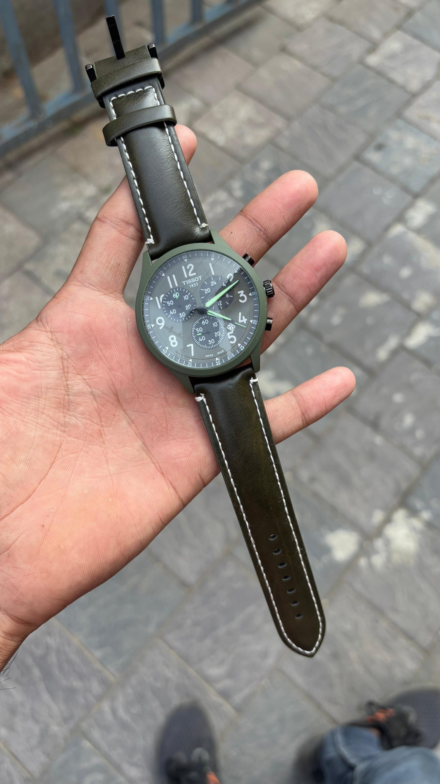 Tissot Green Dial Chronograph Leather Belt Watch For Men's