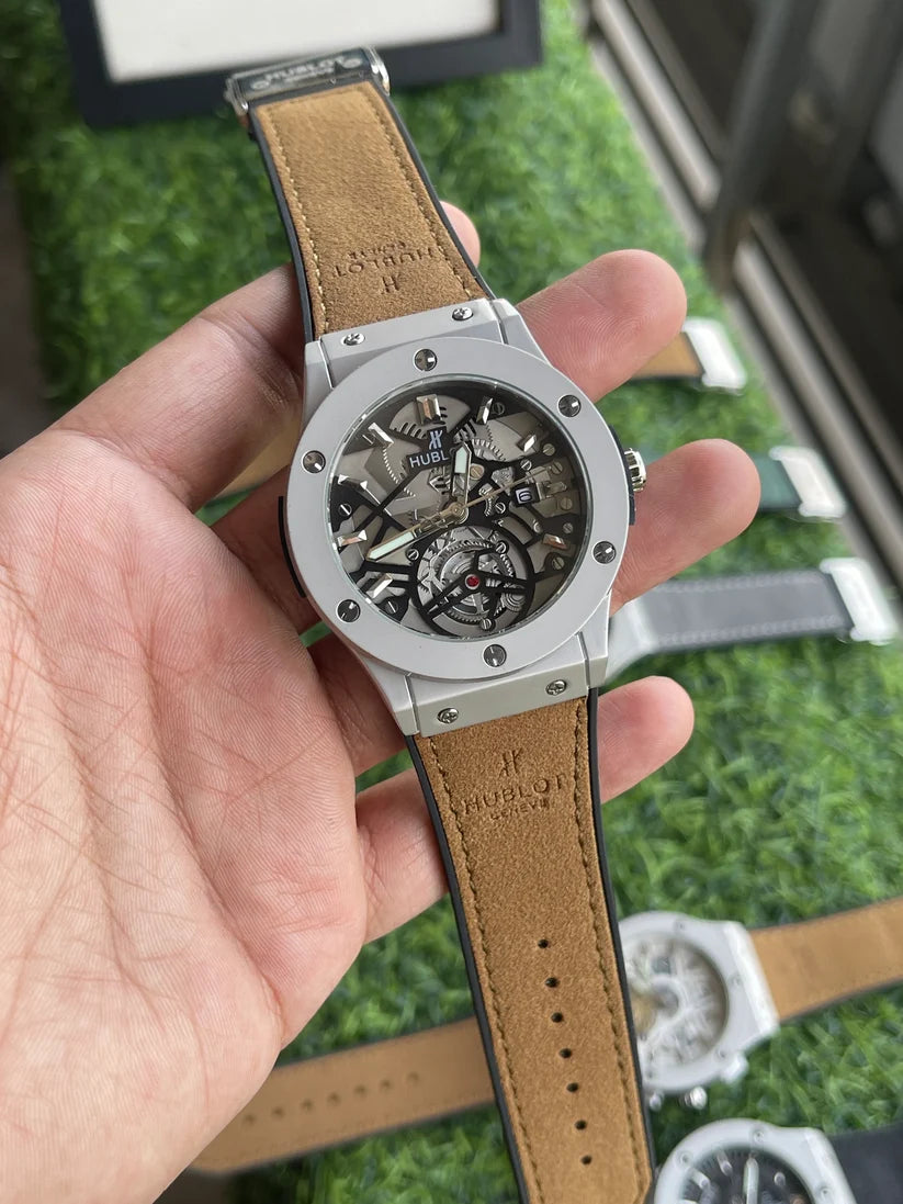 Hublt Skeleton Chronograph – Brown-Grey Strap men's watch