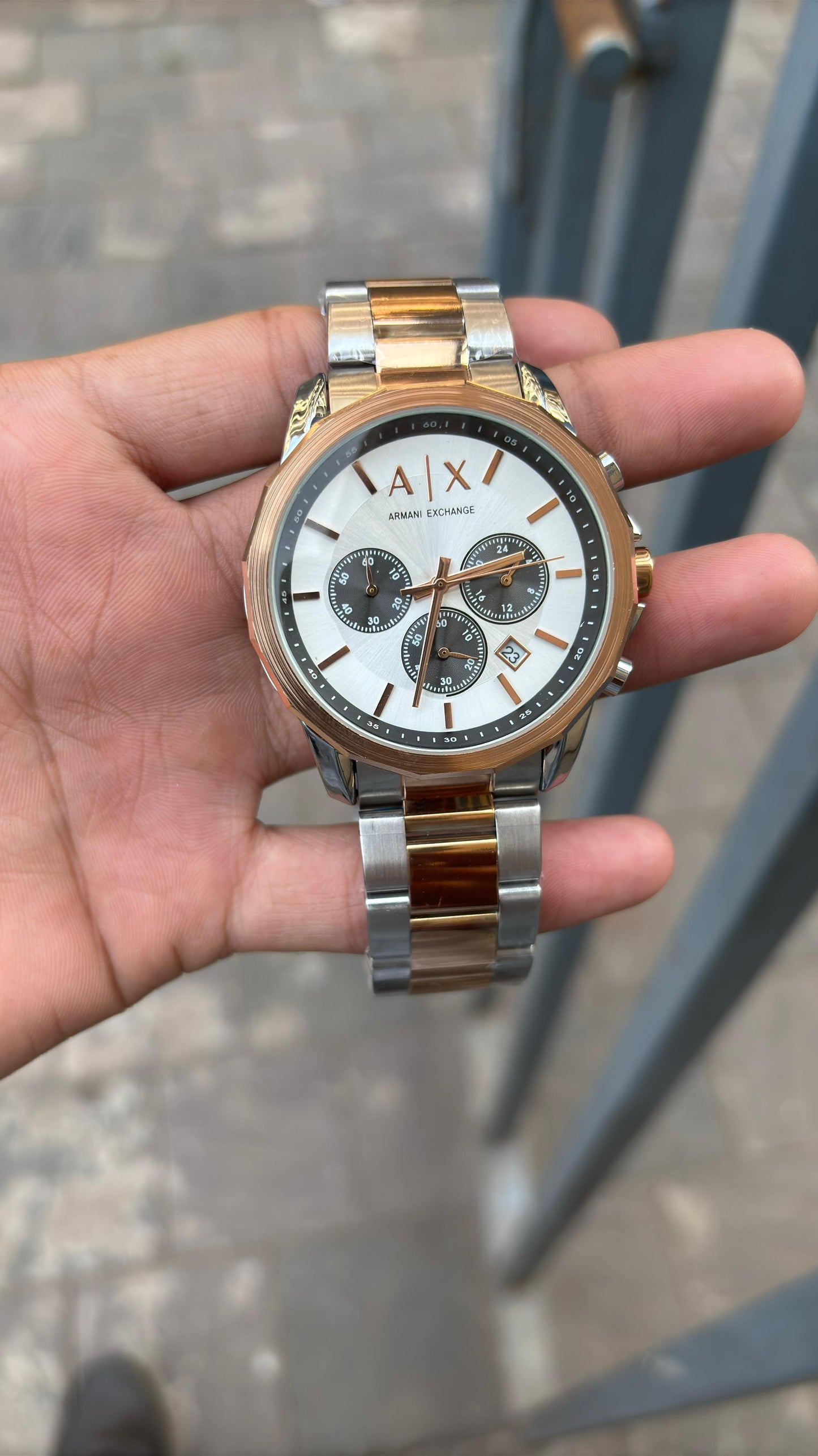 Armani Exchange White Dial Chronograph Two-Tone Metal Belt Watch For Men's