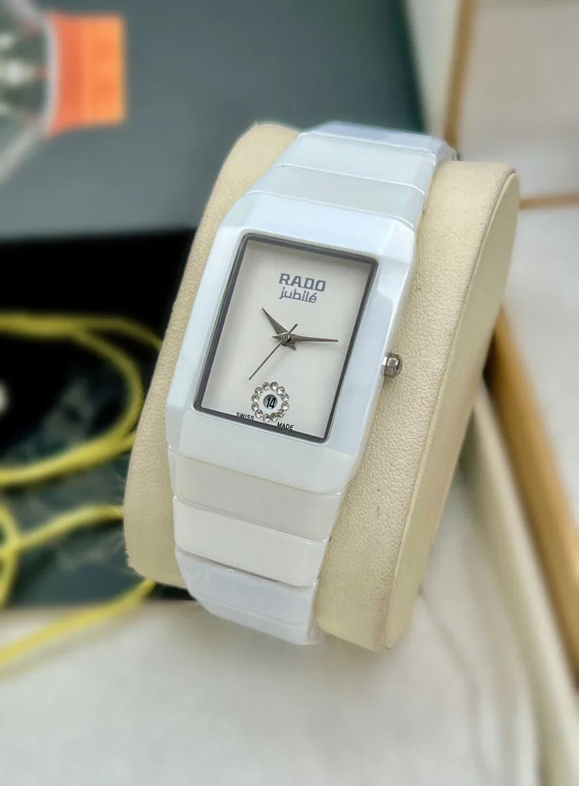 Rado Square White Silver Dial Ceramic Belt Watch For Men's
