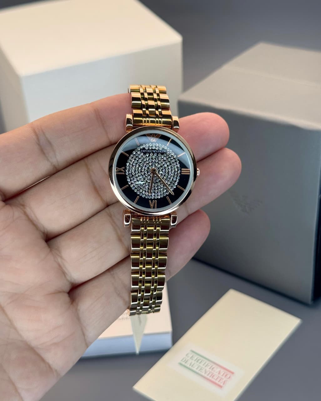 Emporio Armani Women Luxury Designer Watch with Crystal Dial Gold Finish