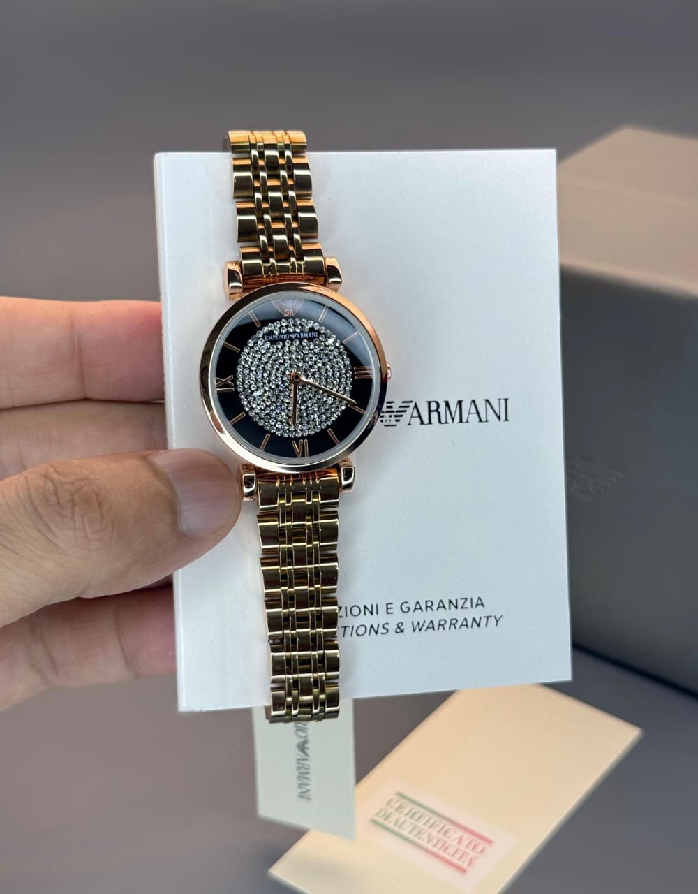 Emporio Armani Women Luxury Designer Watch with Crystal Dial Gold Finish