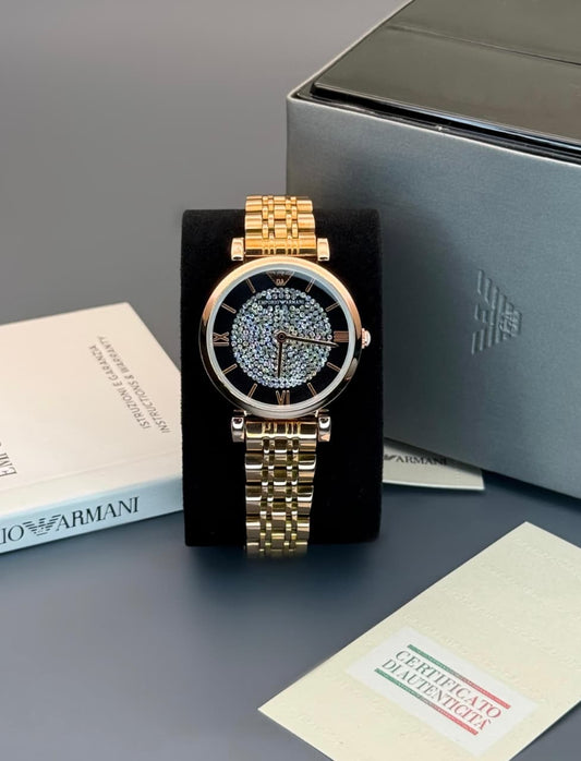Emporio Armani Women Luxury Designer Watch with Crystal Dial Gold Finish