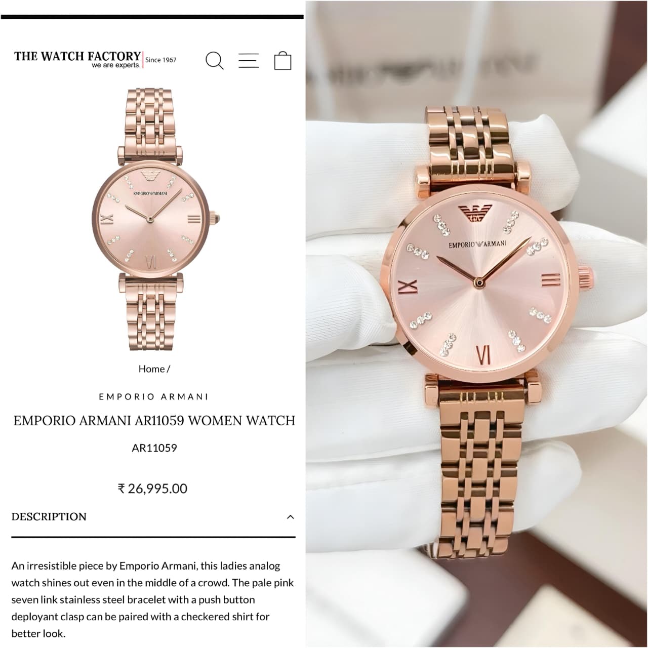 Emporio Armani Gianni T-Bar Women's Analogue Automatic Watch - Rose Gold Dial with Gold Stainless Steel Strap (AR11059I)