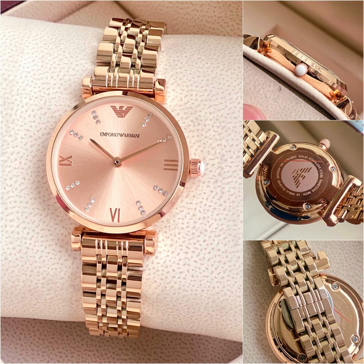 Emporio Armani Gianni T-Bar Women's Analogue Automatic Watch - Rose Gold Dial with Gold Stainless Steel Strap (AR11059I)