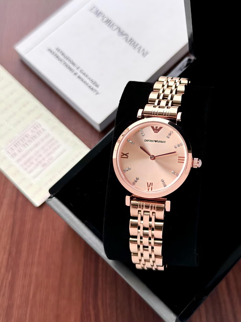 Emporio Armani Gianni T-Bar Women's Analogue Automatic Watch - Rose Gold Dial with Gold Stainless Steel Strap (AR11059I)