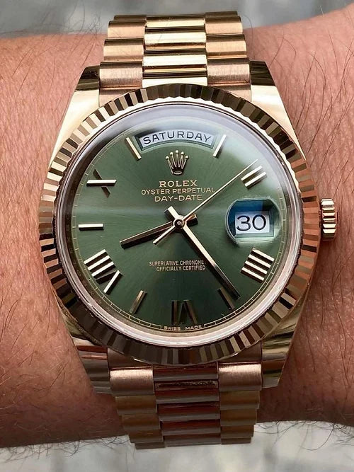 Rolex Automatic Golden And Green Dial Analog Chain Metal Round Men's Watch