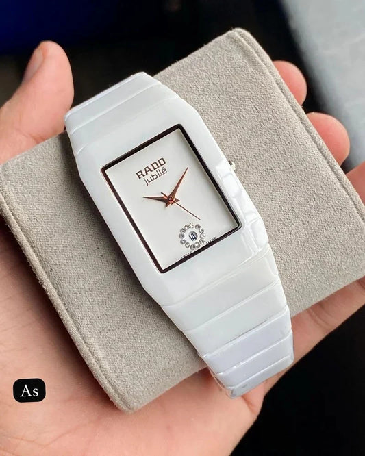 Rado Square White Silver Dial Ceramic Belt Watch For Men's