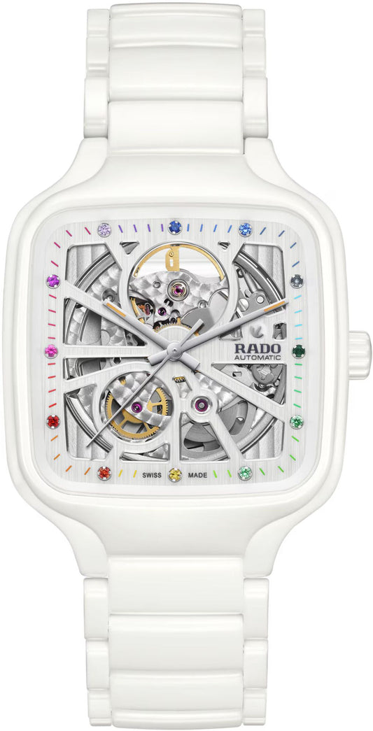 Rado White Rainbow Dial Ceramic Automatic Open Heart Watch For Men's