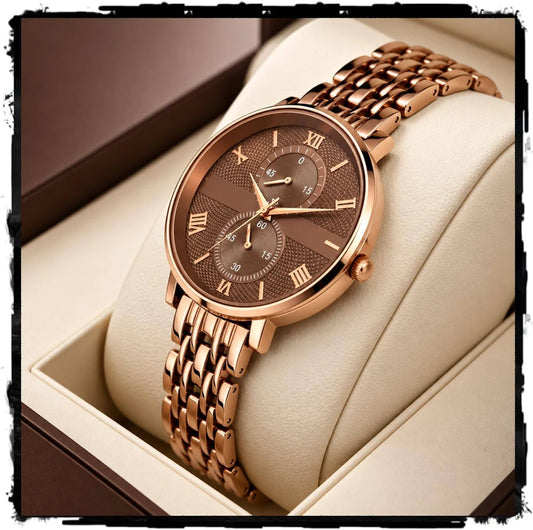 STYLEDOSE Women's Luxury Black Analog Watch – Rose Gold Roman Numerals with Stylish Metal Chain Strap Wrist Watches for Women's